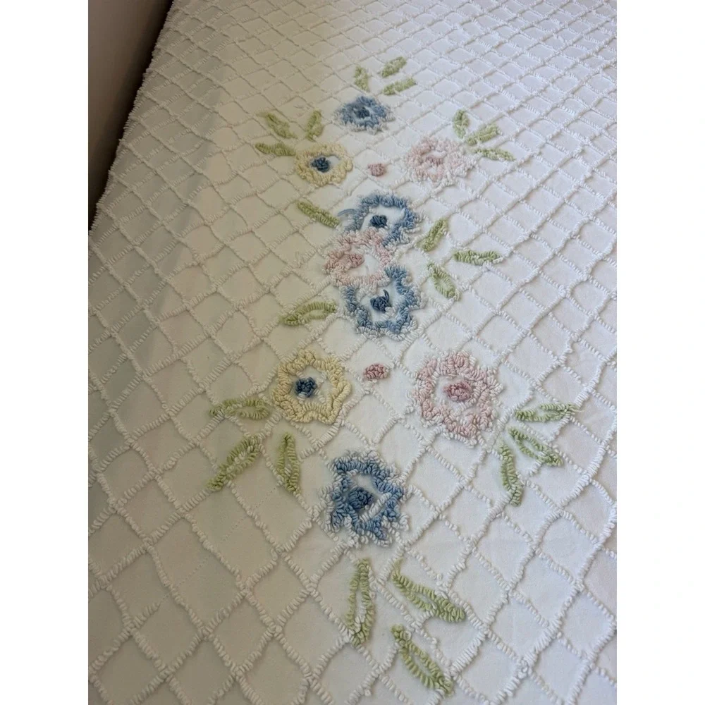 Vintage Chenille Floral‎ Bedspread Coverlet Pink Blue Pastel 116 X 105 King?